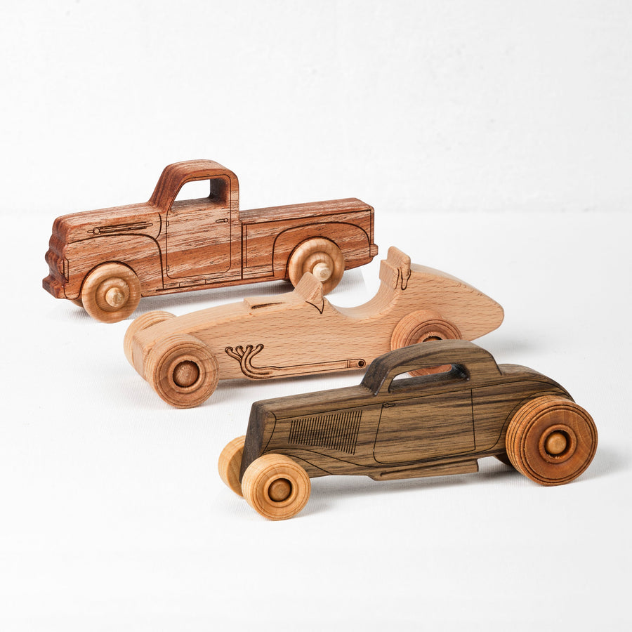 Wooden Vehicle Trio: Pickup, Indy Car & Hot Rod