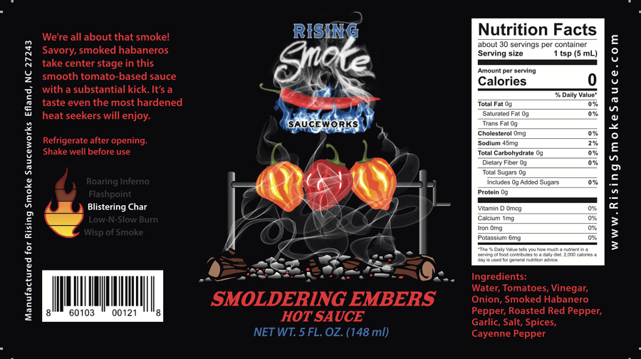 Product label for Smoldering Embers Habanero Tomato Basil Hot Sauce