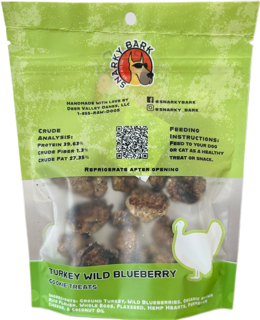 Back of turkey wild blueberry cookie pouch with ingredients, crude analysis and refrigeration instructions