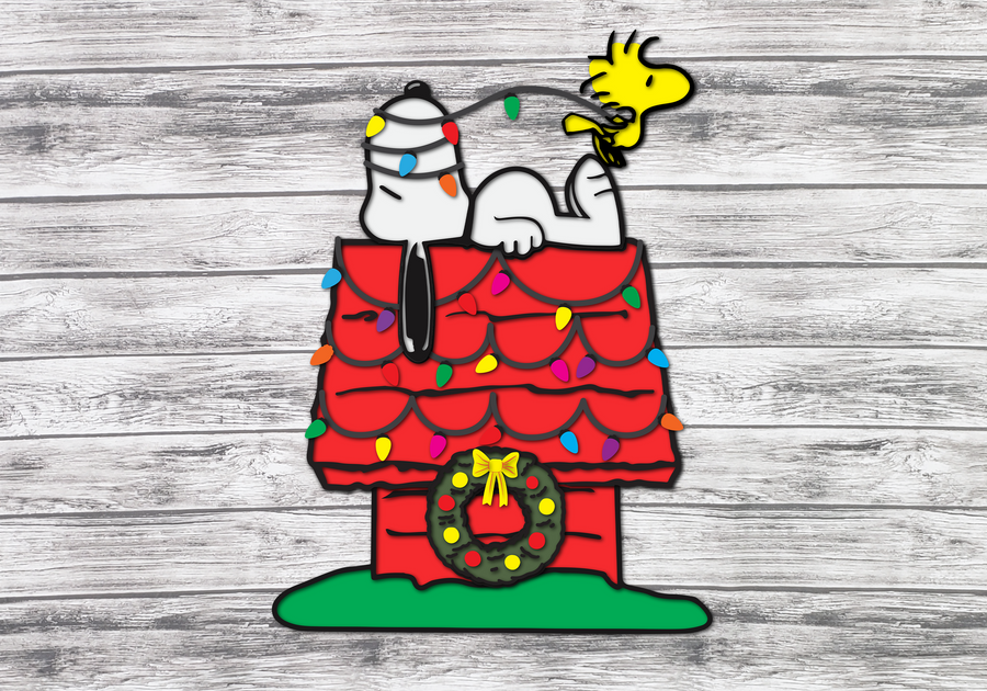 Painted example of Snoopy and Woodstock with Christmas lights and wreath