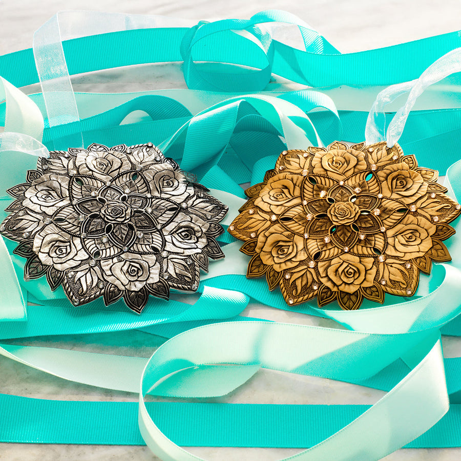 Collection display featuring Snow Crystal Rose Ornament