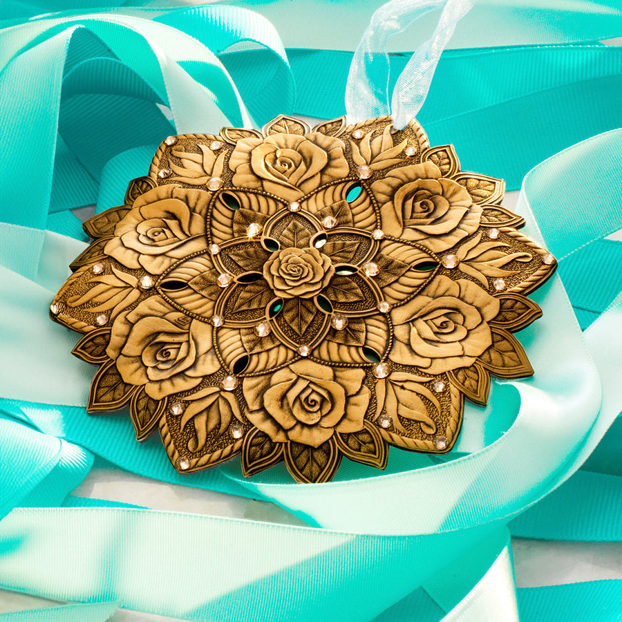 Collection display featuring Snow Crystal Rose Ornament