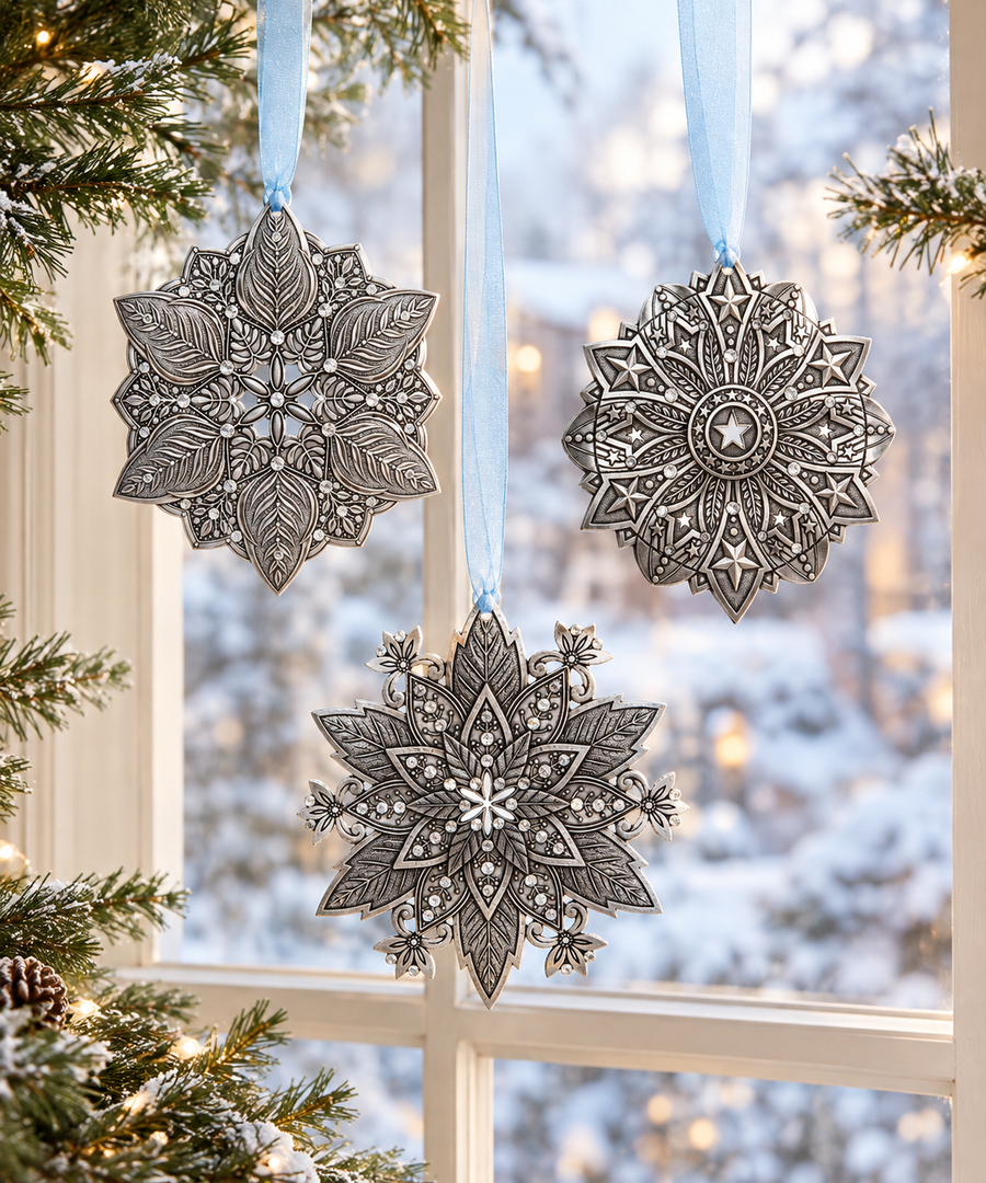 Collection display featuring Snow Crystal Poinsettia Ornament