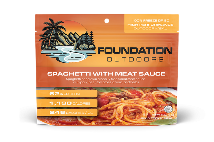 Spaghetti with beef and pork sauce meal pouch, front