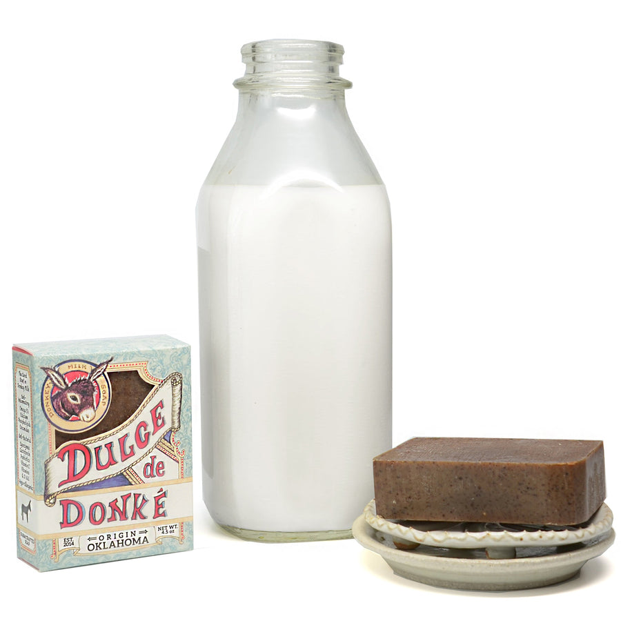 Spiced coffee soap with its package and a milk bottle