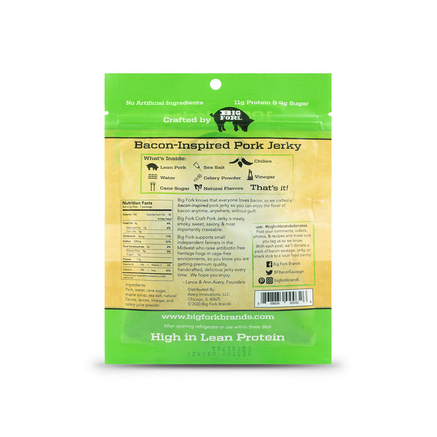 Spicy 3-Pepper pork jerky package back with its recipe and nutrition panel