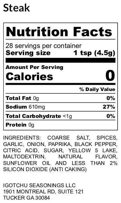 Steak seasoning – nutrition facts panel