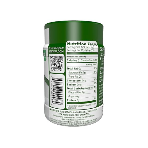 SteviaSweet Pure Stevia Extract Powder: jar with Nutrition Facts panel.