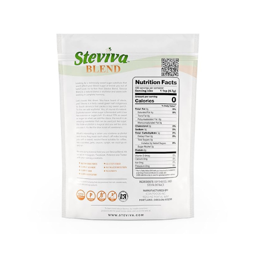 Steviva Granulated Erythritol & Stevia Blend: pouch back with Nutrition Facts panel.