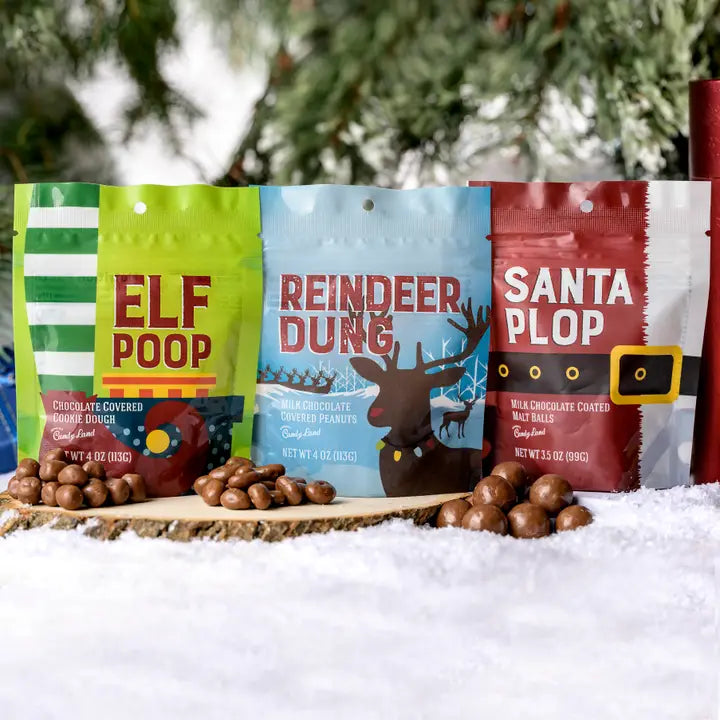 Holiday candy bundle with Elf Poop, Reindeer Dung and Santa Plop pouches