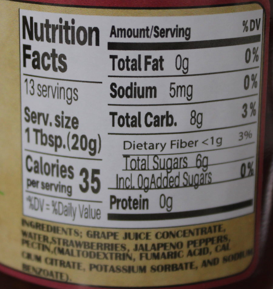 Nutrition facts label for Strawberry Jalapeño Jam – No Sugar Added