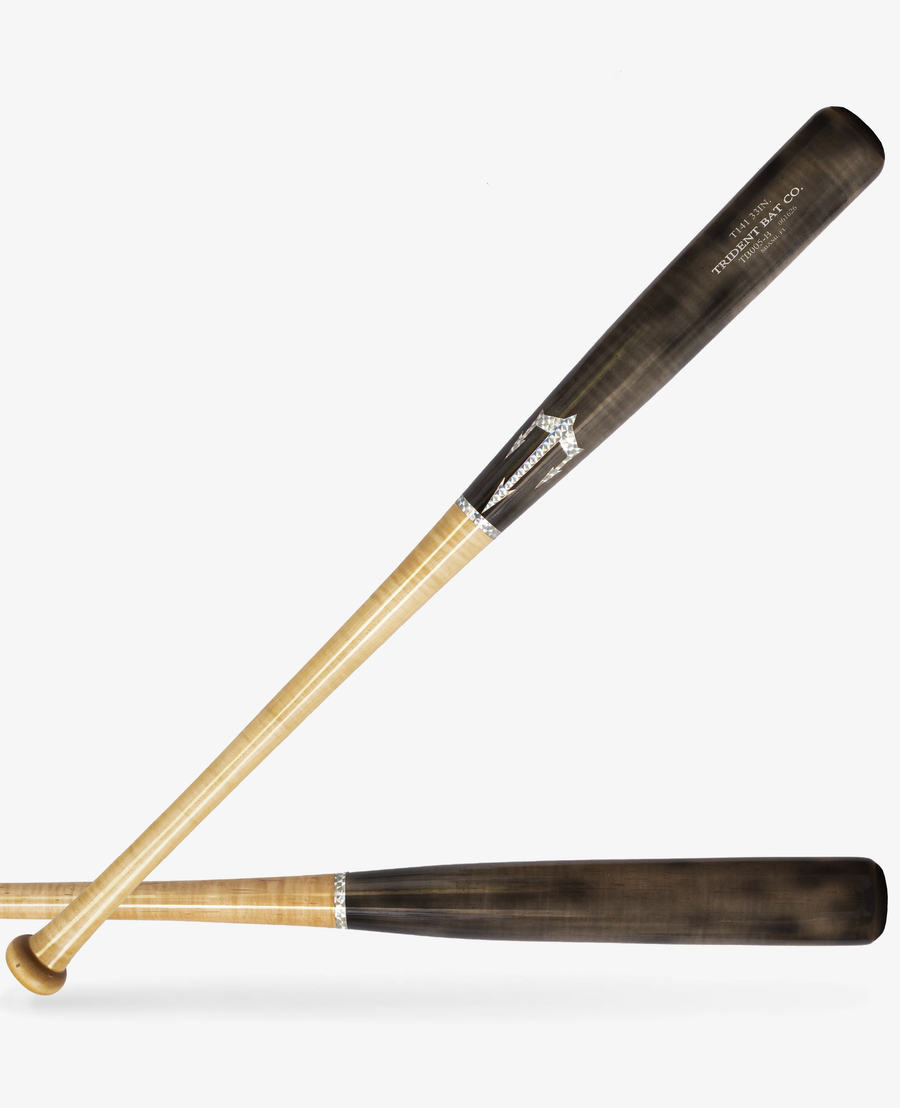 T141 wood baseball bat with a natural handle and dark barrel shown in two views
