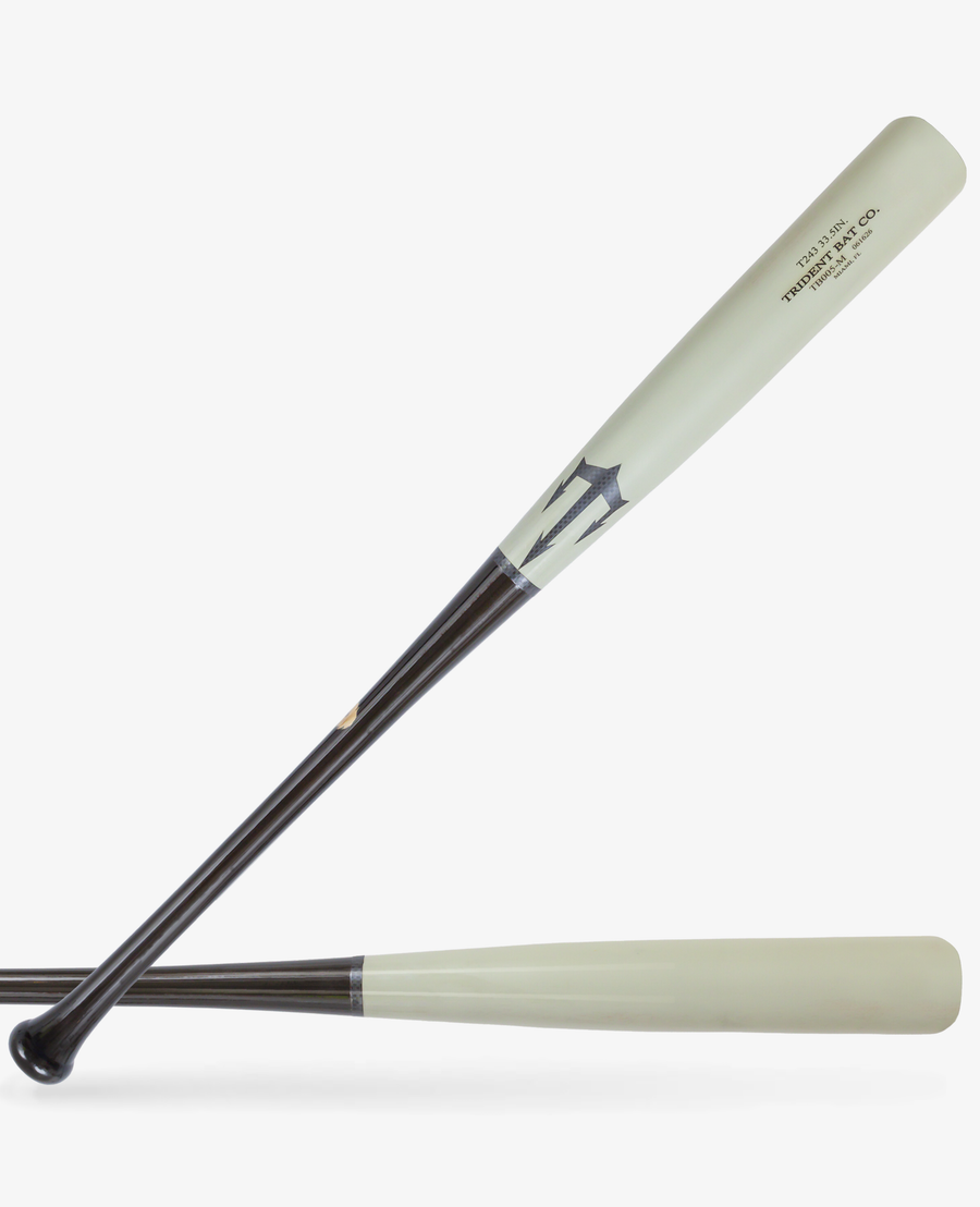 T243 wood baseball bat with a black handle and pale barrel shown in two views