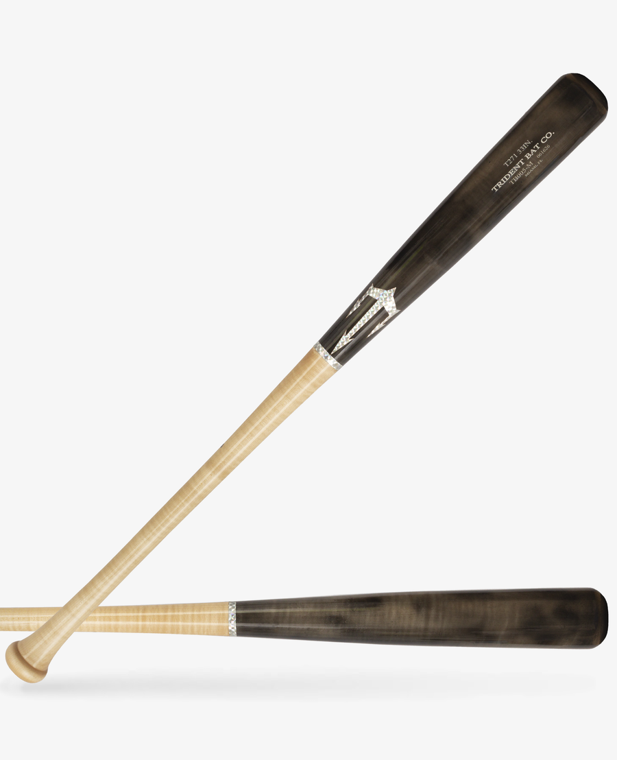 T271 wood baseball bat with a natural handle and dark barrel shown in two views