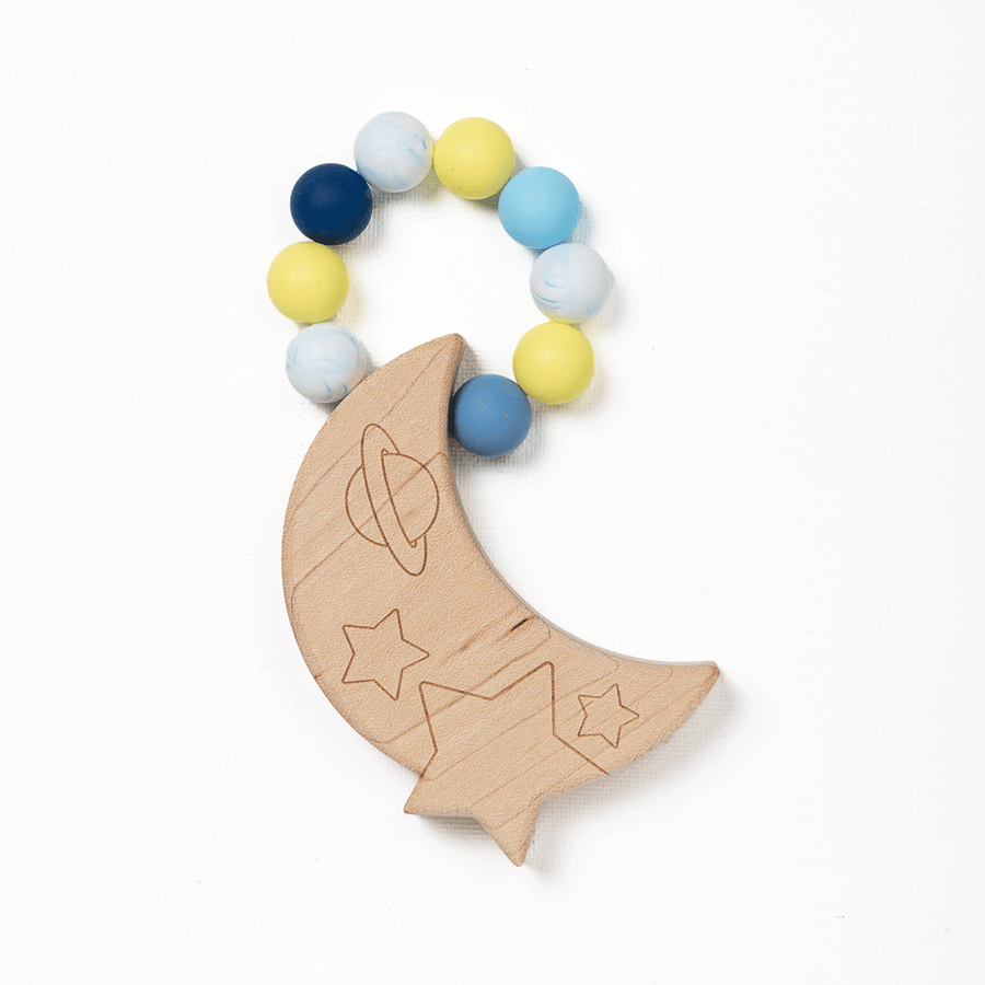 Calming Moon Wood & Silicone Bead Teether with Cotton Bag
