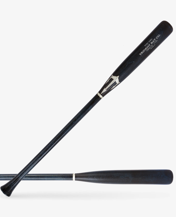 Black wood fungo baseball bat shown diagonally and horizontally on a light background