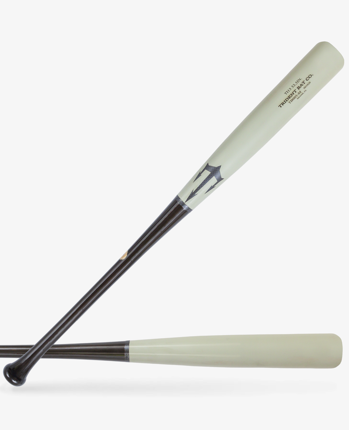 Ti13 wood baseball bat with a black handle and pale barrel shown in two views