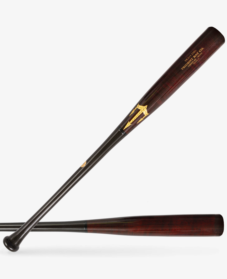 TRA13 wood baseball bat with a black handle and reddish barrel shown in two views
