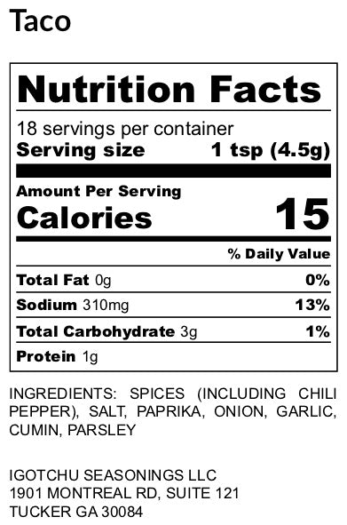 Taco seasoning – nutrition facts panel