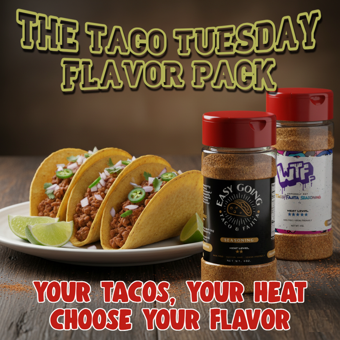 Taco Tuesday pack graphic with Easy Going and WTF seasonings