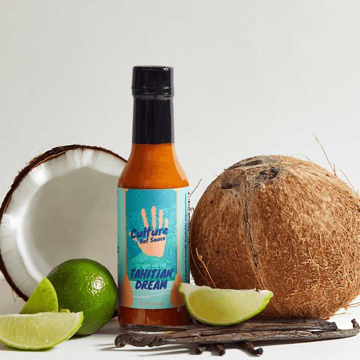 Tahitian Dream hot sauce bottle with coconut, lime and vanilla beans