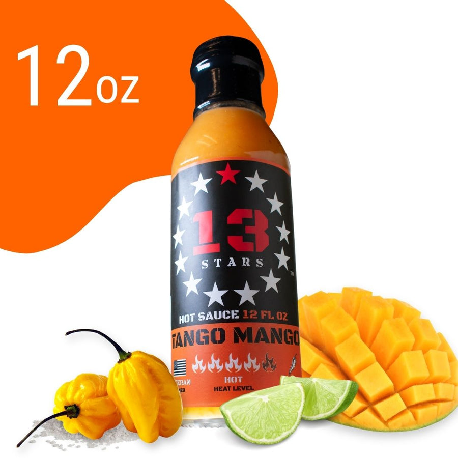 Tango Mango 12 oz hot sauce bottle with mango and lime