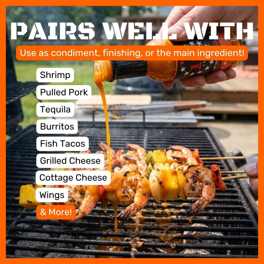 Tango Mango hot sauce poured over food on a grill with suggested food pairings