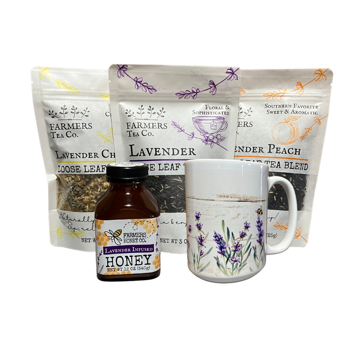 Lavender Loose-Leaf Tea & Honey Gift Box with Mug — three tea pouches, infused honey and printed ceramic mug