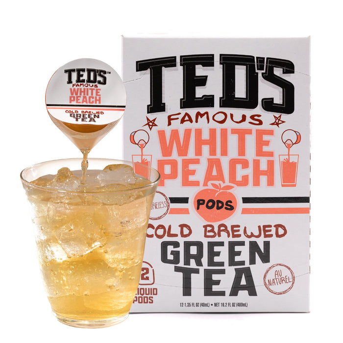 Ted’s White Peach Green Tea carton and pod beside iced tea