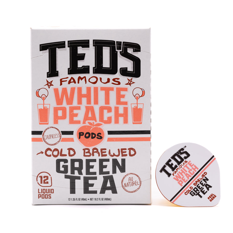 Ted’s White Peach tea carton and pod