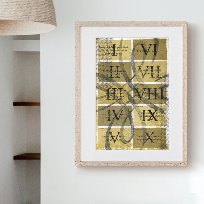 Ten Commandments art print with Roman numerals and decorative typography.
