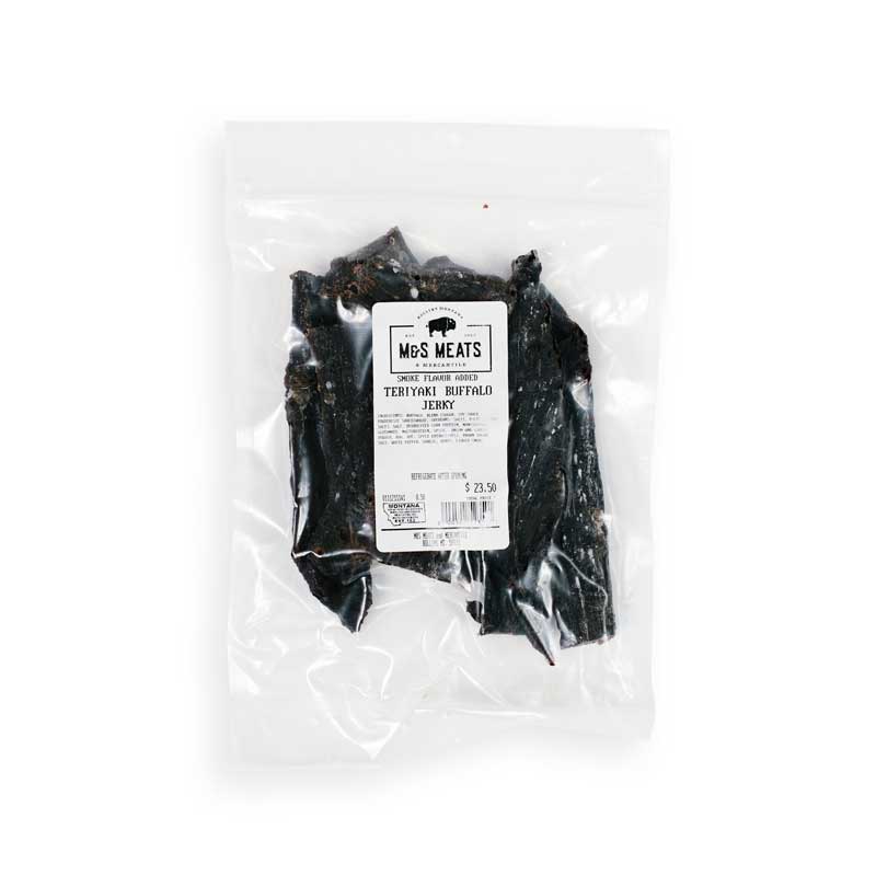 Teriyaki Buffalo Jerky, clear package with the product label