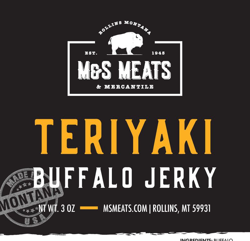 Teriyaki Buffalo Jerky, Teriyaki Buffalo label artwork showing a 3 oz example