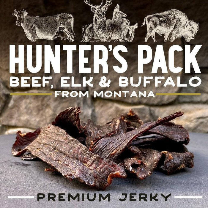 Hunter's Pack – Elk, Buffalo & Beef Jerky Sampler, promotional photo of beef, elk and buffalo strips