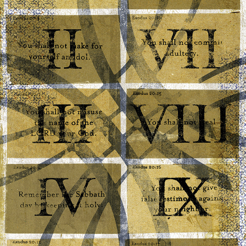 Ten Commandments art print with Roman numerals and decorative typography.