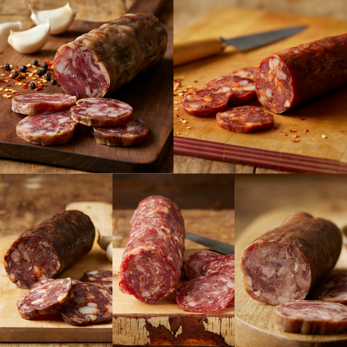 Collage of five sliced salami flavors represented in the Reserve variety set.
