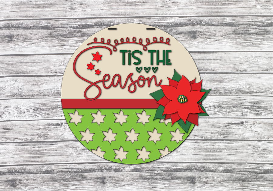 Painted example of a green-and-red Tis the Season poinsettia sign