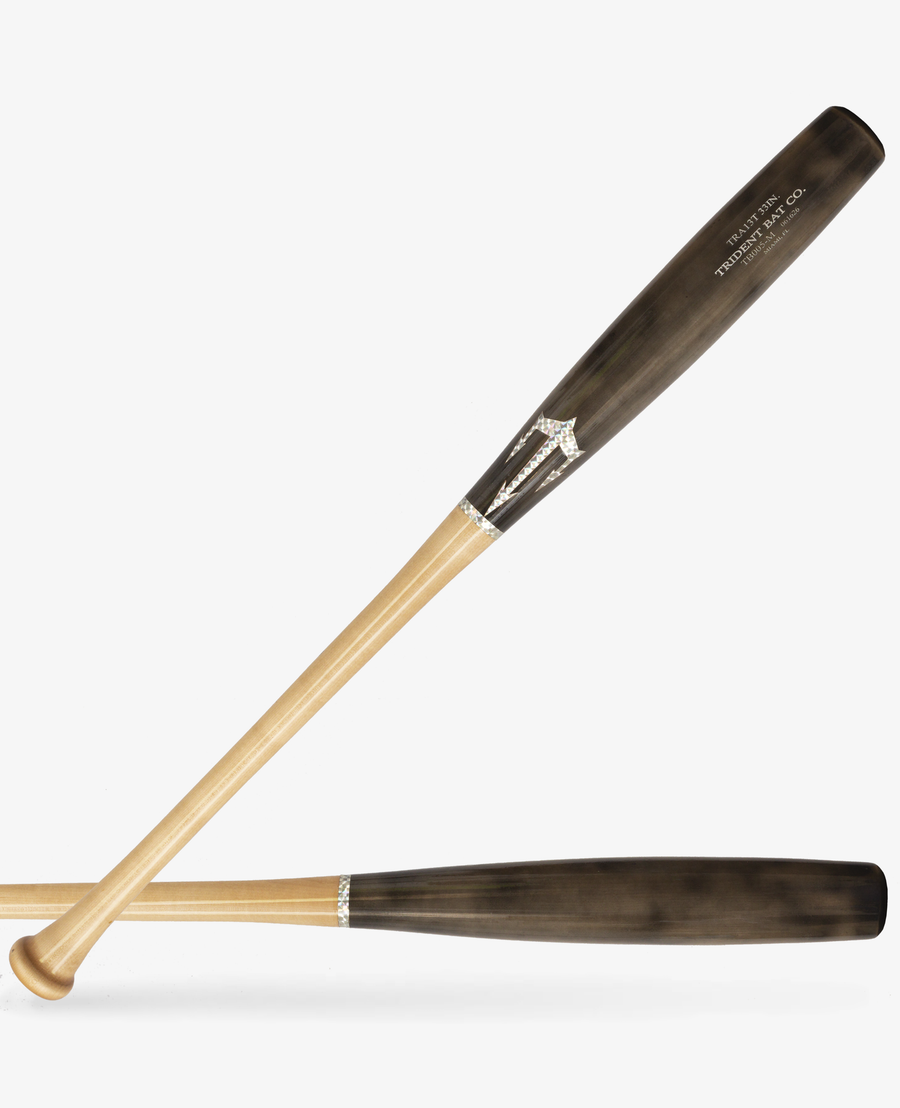 Torpedo wood baseball bat with a natural handle and dark shaped barrel shown in two views