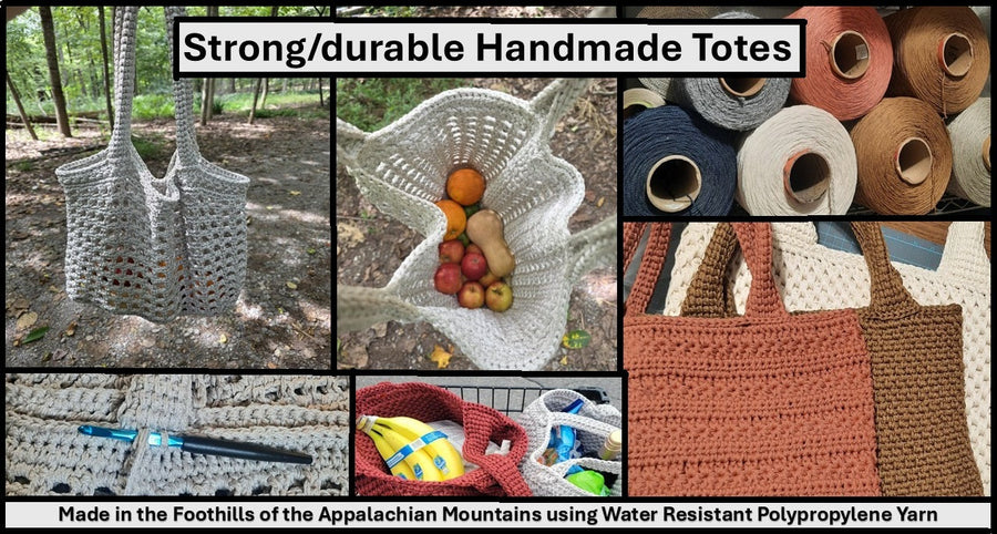 Light Grey Crochet Shopping Tote, tote-making collage with example bags, fruit and yarn