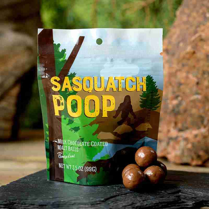 Chocolate Malt Balls – Sasquatch Poop illustrated candy pouch