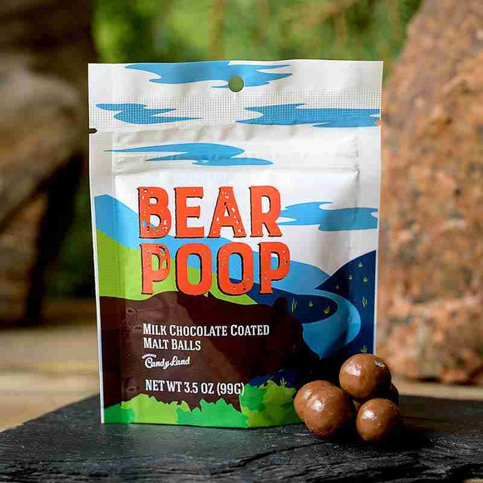 Chocolate Malt Balls – Bear Poop illustrated candy pouch