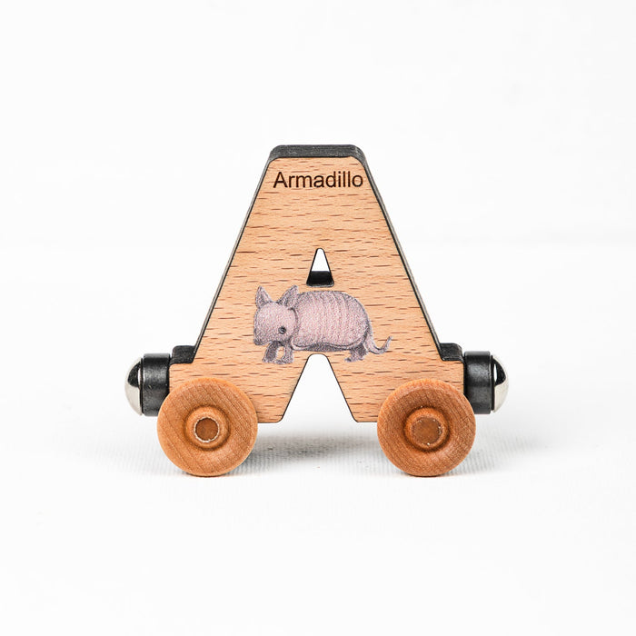 Wooden alphabet train letter A car with an animal illustration and wheels