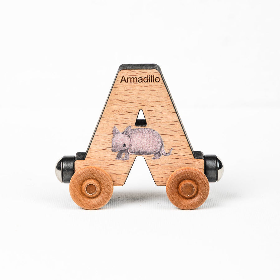 Wooden alphabet train letter A car with an animal illustration and wheels