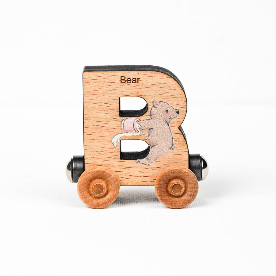 Wooden alphabet train letter B car with an animal illustration and wheels