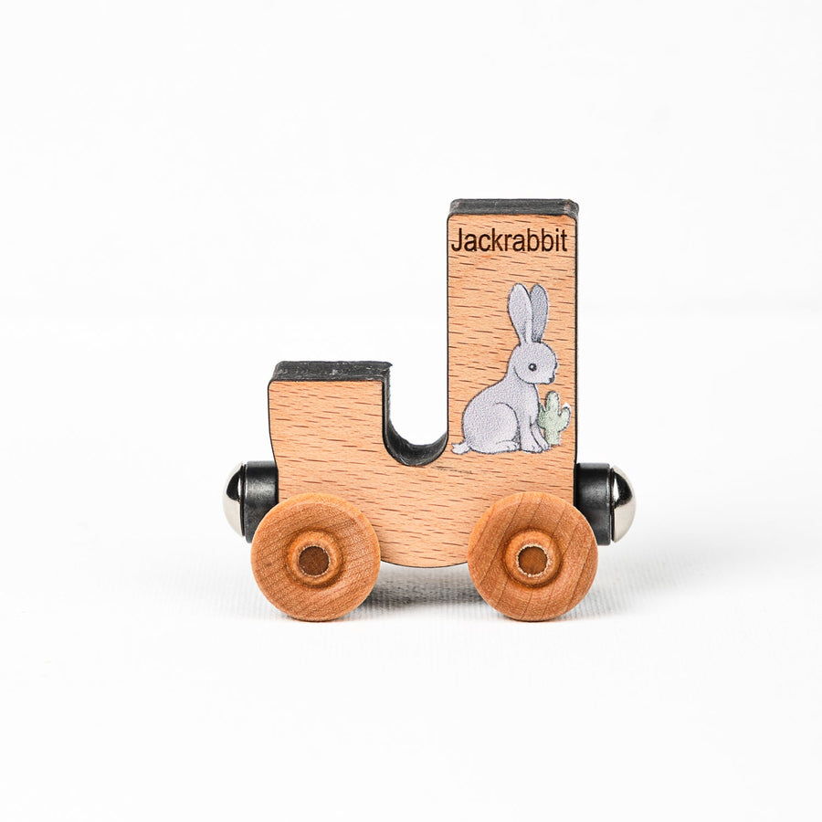 Wooden alphabet train letter J car with an animal illustration and wheels