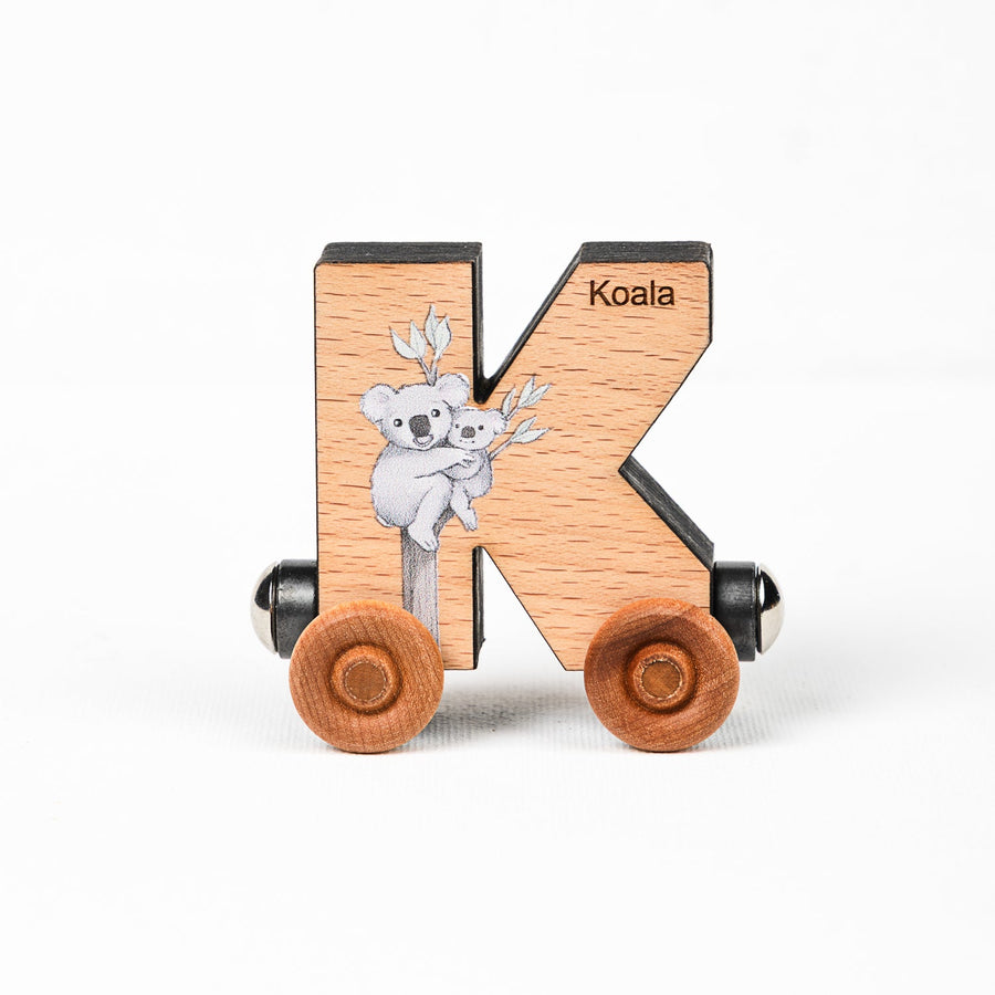 Wooden alphabet train letter K car with an animal illustration and wheels