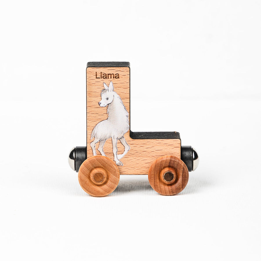 Wooden alphabet train letter L car with an animal illustration and wheels