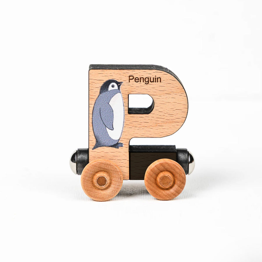 Wooden alphabet train letter P car with an animal illustration and wheels