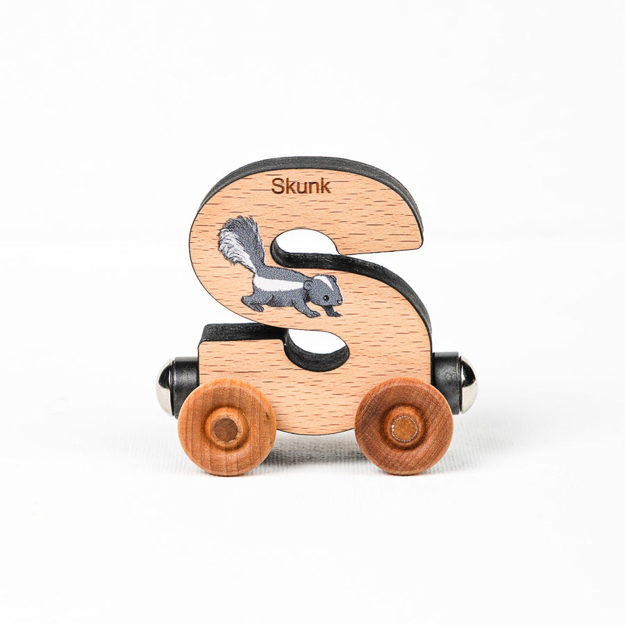 Wooden alphabet train letter S car with an animal illustration and wheels