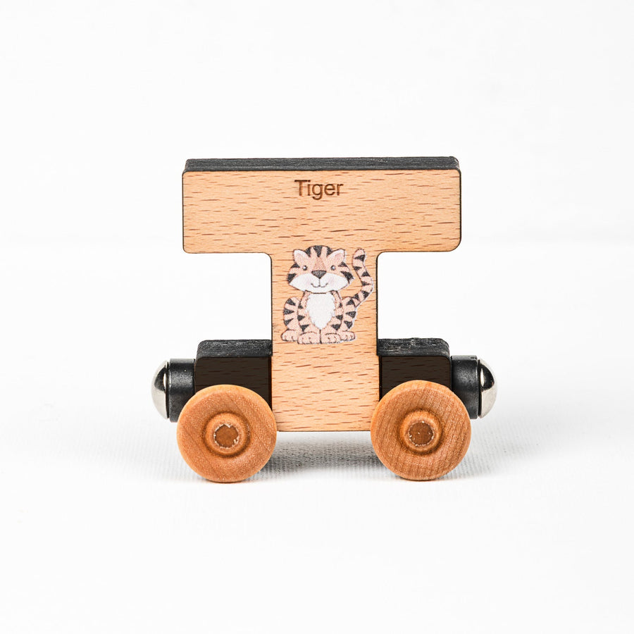 Wooden alphabet train letter T car with an animal illustration and wheels